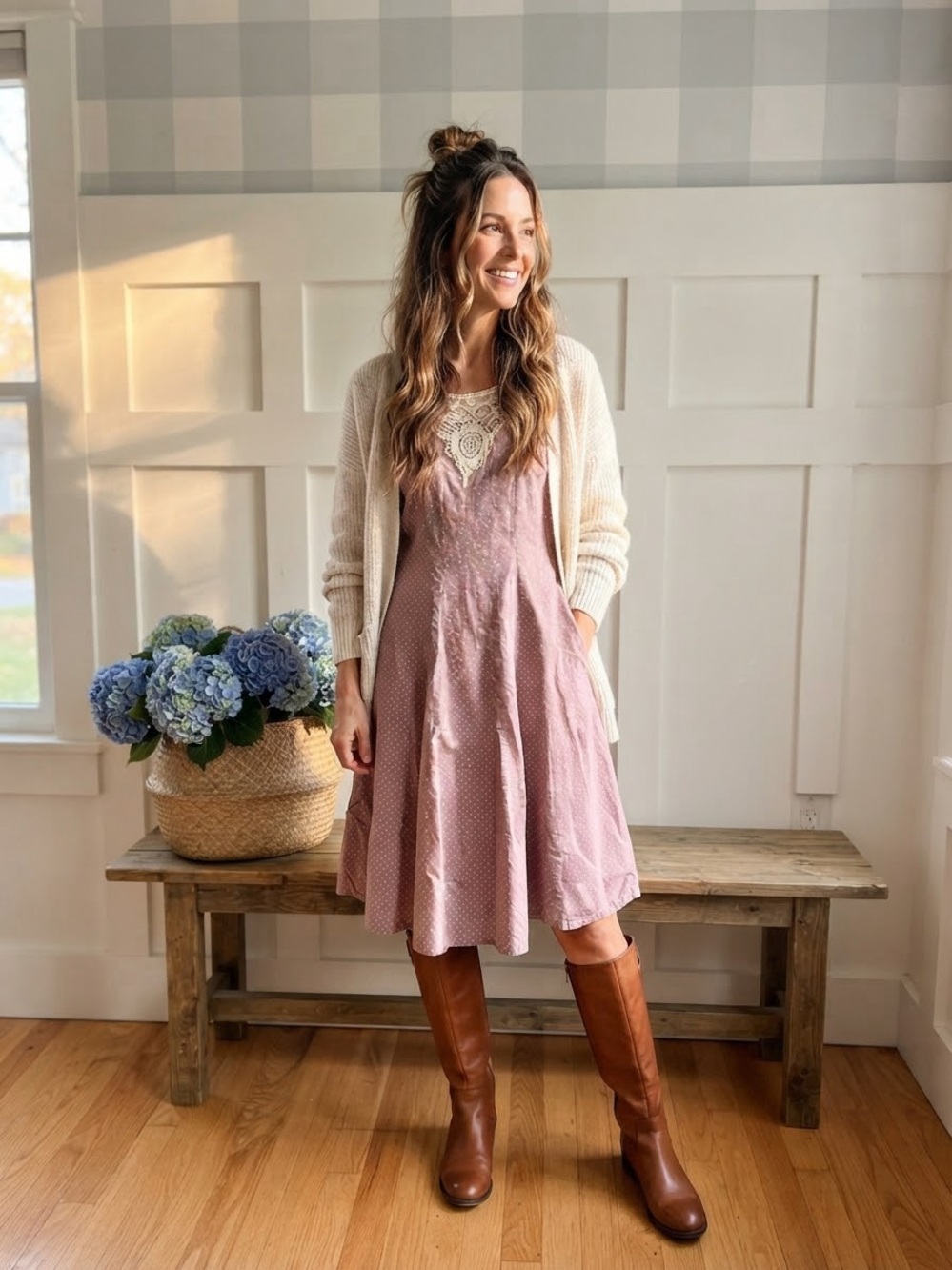 April Cornell Mauve Midi Dress with Lace Yoke XL